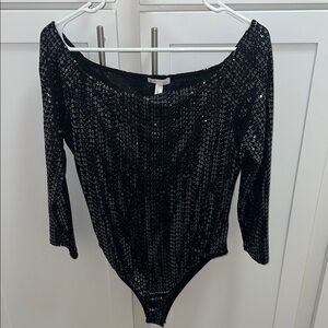 Leith Shimmering Black Sequin Bodysuit